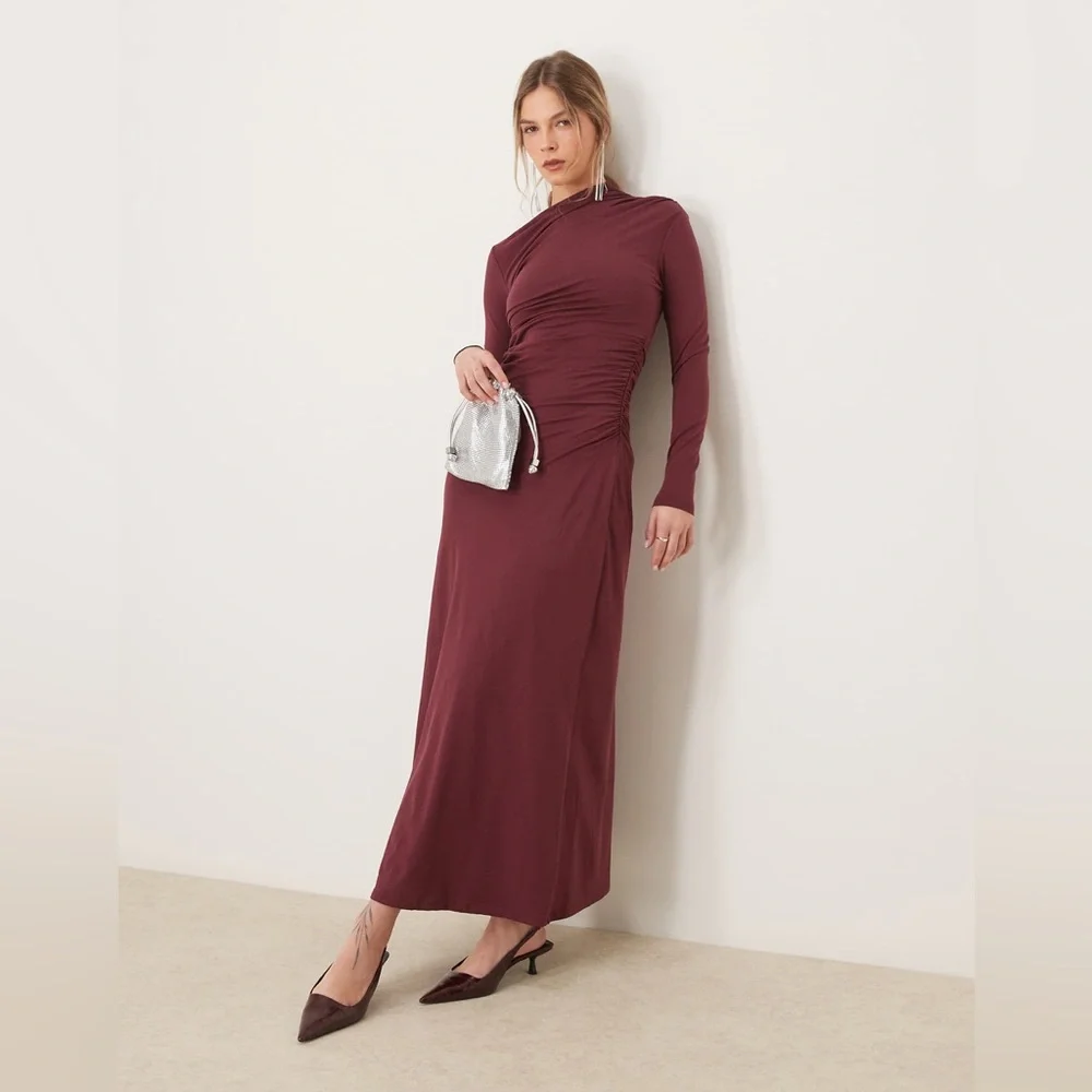NWOT Abercrombie & Fitch High Neck Ruched Wrap Maxi Dress Wine Sz S